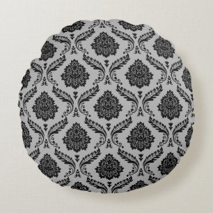 Rococo-Damask-Muster Schwarz auf Grau Rundes Kissen