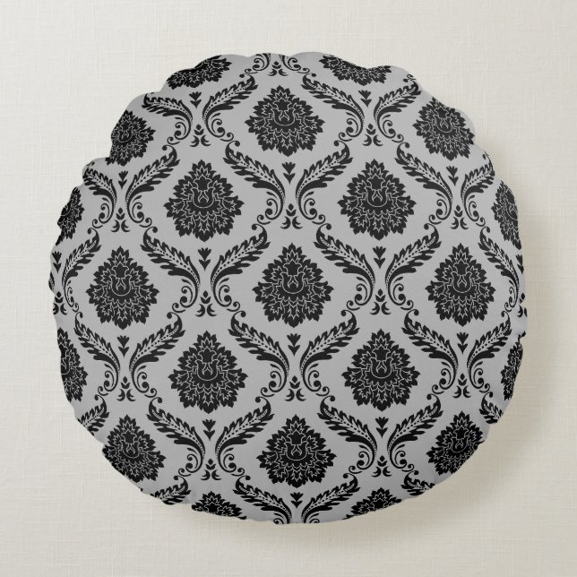 Rococo-Damask-Muster Schwarz auf Grau Rundes Kissen (Vorderseite)