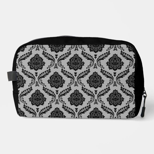 Rococo-Damask-Muster Schwarz auf Grau Waschbeutel (Vorderseite)