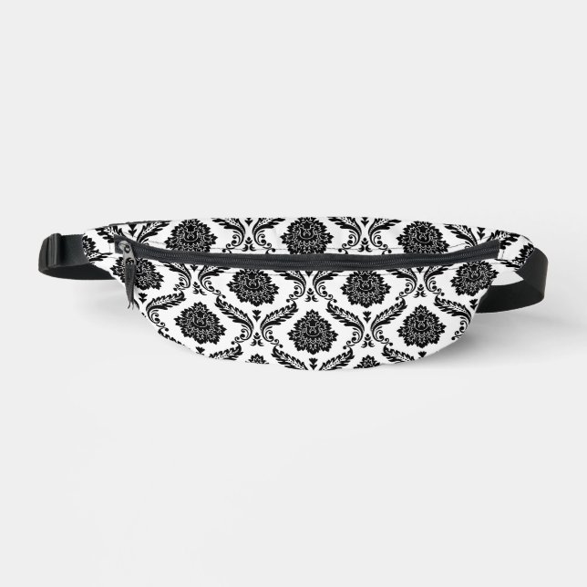Rococo-Damask-Muster Schwarz auf Weiß Bauchtasche (Vorderseite)