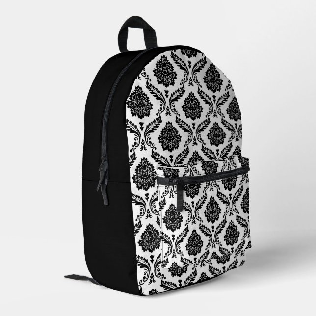 Rococo-Damask-Muster Schwarz auf Weiß Bedruckter Rucksack (Rückseitige Ecke links)