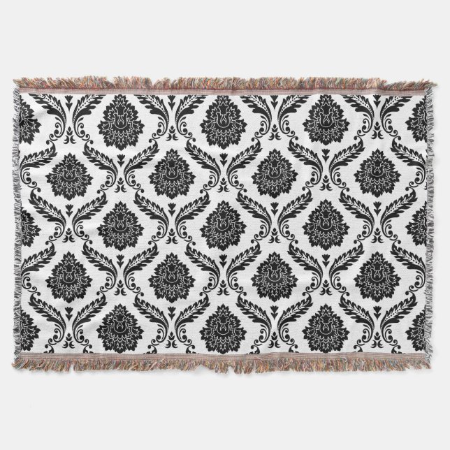 Rococo-Damask-Muster Schwarz auf Weiß Decke (Vorderseite)