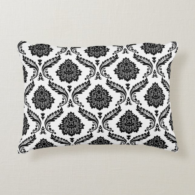 Rococo-Damask-Muster Schwarz auf Weiß Dekokissen (Vorderseite)