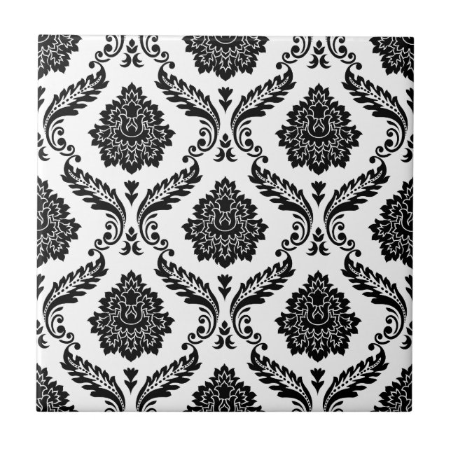 Rococo-Damask-Muster Schwarz auf Weiß Fliese (Vorderseite)
