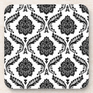 Rococo-Damask-Muster Schwarz auf Weiß Getränkeuntersetzer