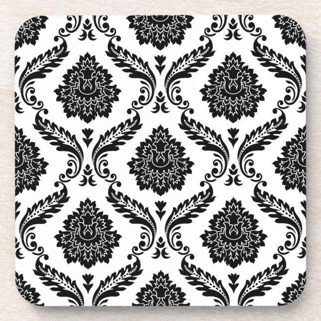 Rococo-Damask-Muster Schwarz auf Weiß Getränkeuntersetzer (Vorderseite)