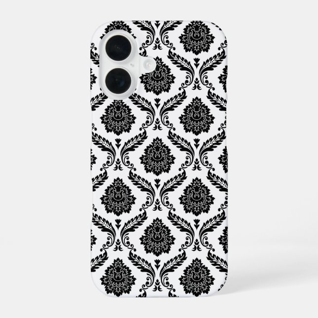 Rococo-Damask-Muster Schwarz auf Weiß iPhone 16 Hülle (Rückseite)