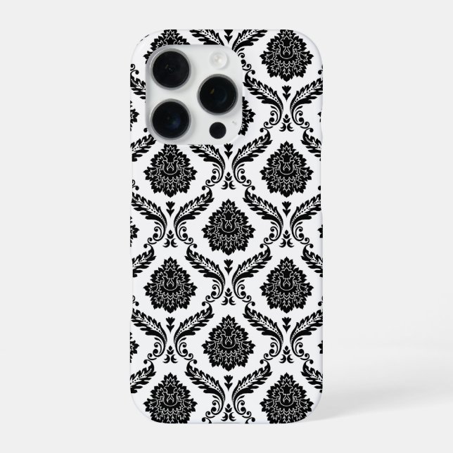 Rococo-Damask-Muster Schwarz auf Weiß iPhone Hülle (Rückseite)