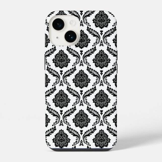 Rococo-Damask-Muster Schwarz auf Weiß iPhone Hülle (Rückseite)