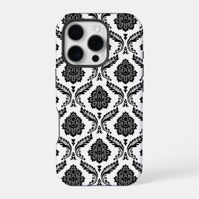 Rococo-Damask-Muster Schwarz auf Weiß iPhone Hülle (Rückseite)