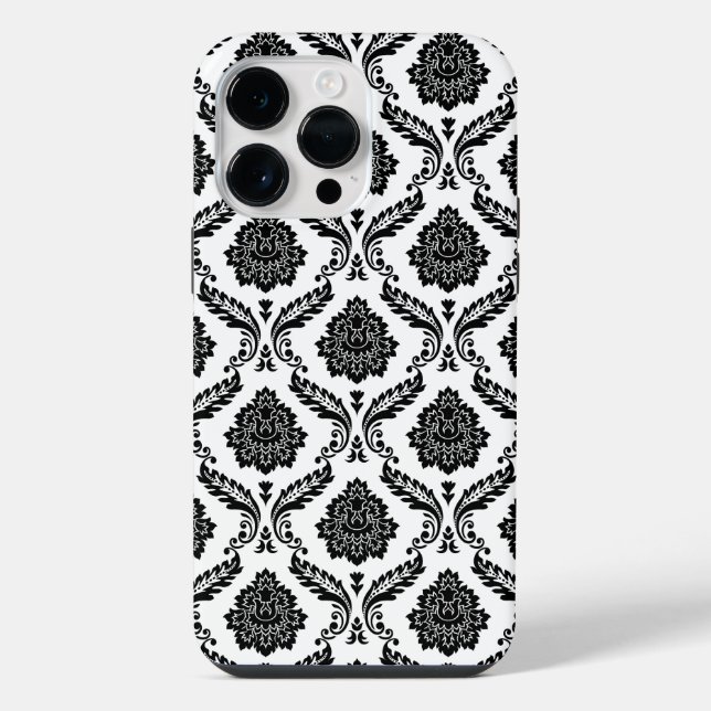 Rococo-Damask-Muster Schwarz auf Weiß iPhone Hülle (Rückseite)