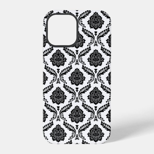 Rococo-Damask-Muster Schwarz auf Weiß iPhone Hülle (Rückseite)