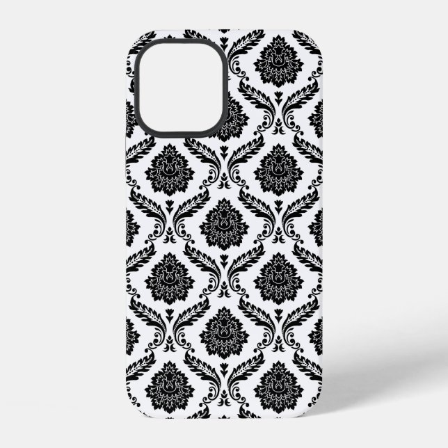 Rococo-Damask-Muster Schwarz auf Weiß iPhone Hülle (Rückseite)
