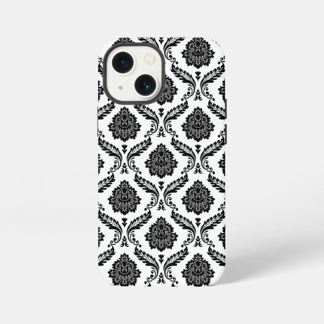 Rococo-Damask-Muster Schwarz auf Weiß iPhone Hülle (Rückseite)