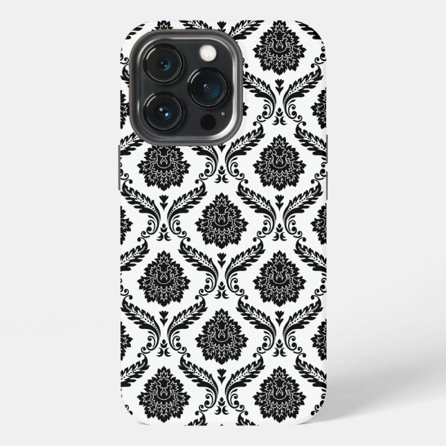 Rococo-Damask-Muster Schwarz auf Weiß iPhone Hülle (Hinten)