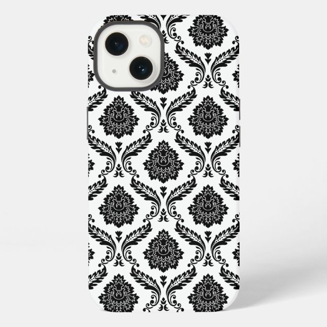 Rococo-Damask-Muster Schwarz auf Weiß iPhone Hülle (Rückseite)