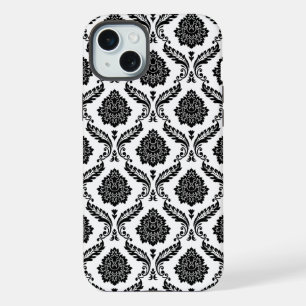 Rococo-Damask-Muster Schwarz auf Weiß iPhone 15 Plus Hülle