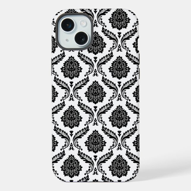 Rococo-Damask-Muster Schwarz auf Weiß iPhone Hülle (Rückseite)