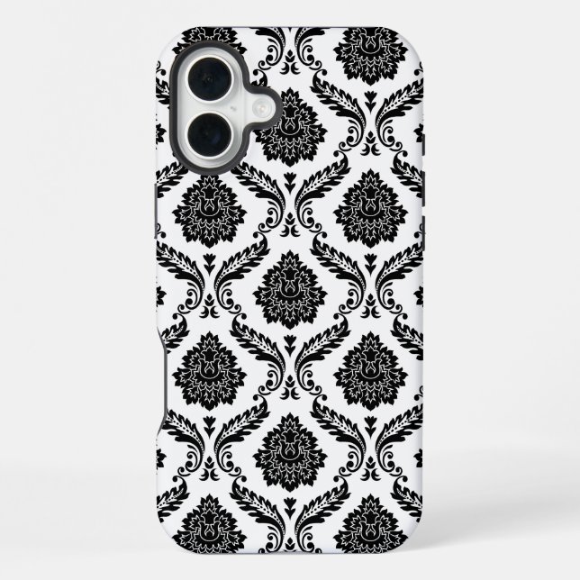 Rococo-Damask-Muster Schwarz auf Weiß iPhone Hülle (Rückseite)