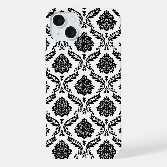 Rococo-Damask-Muster Schwarz auf Weiß iPhone Hülle (Rückseite)