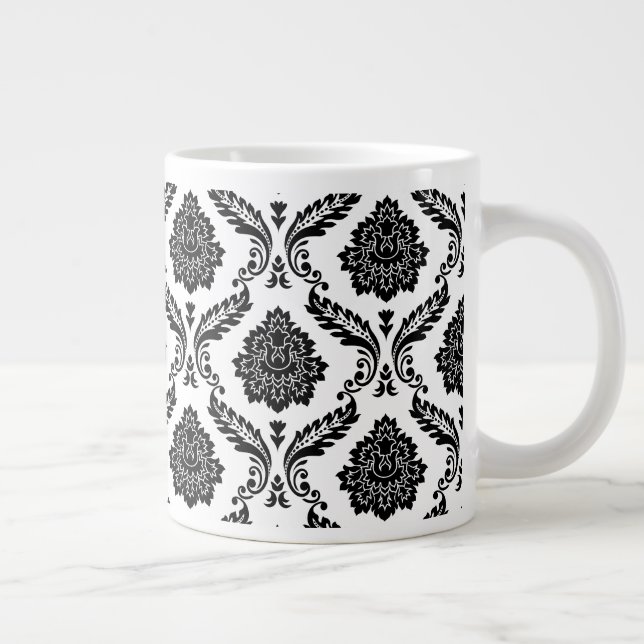 Rococo-Damask-Muster Schwarz auf Weiß Jumbo-Tasse (Rechts)