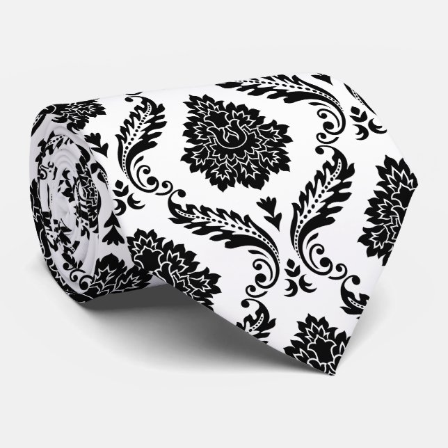 Rococo-Damask-Muster Schwarz auf Weiß Krawatte (Gerollt)