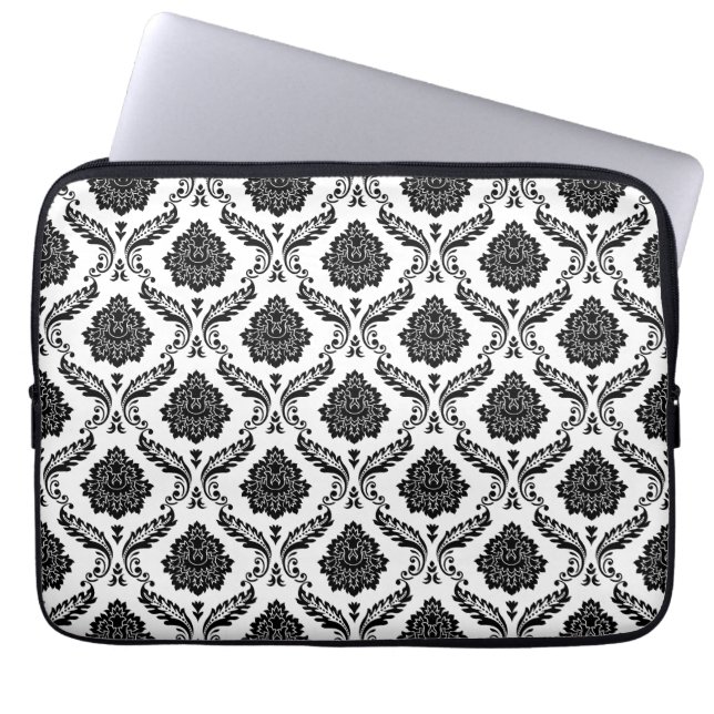 Rococo-Damask-Muster Schwarz auf Weiß Laptopschutzhülle (Vorderseite)