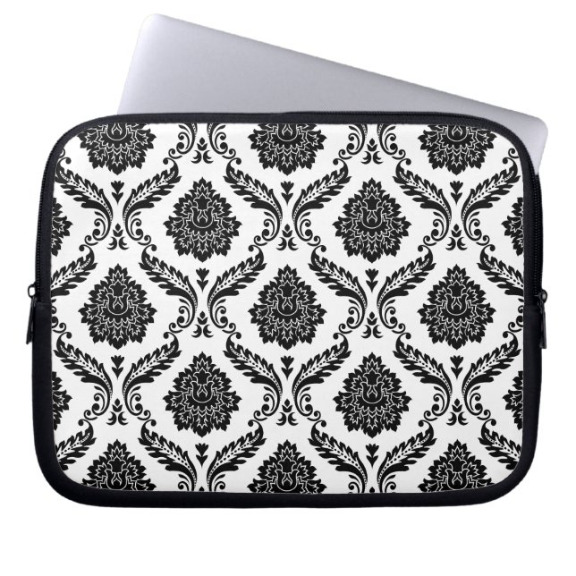 Rococo-Damask-Muster Schwarz auf Weiß Laptopschutzhülle (Vorderseite)