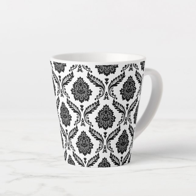 Rococo-Damask-Muster Schwarz auf Weiß Milchtasse (Rechte Ecke)