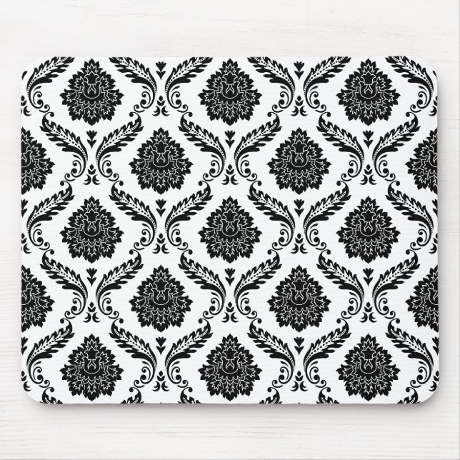 Rococo-Damask-Muster Schwarz auf Weiß Mousepad (Vorne)