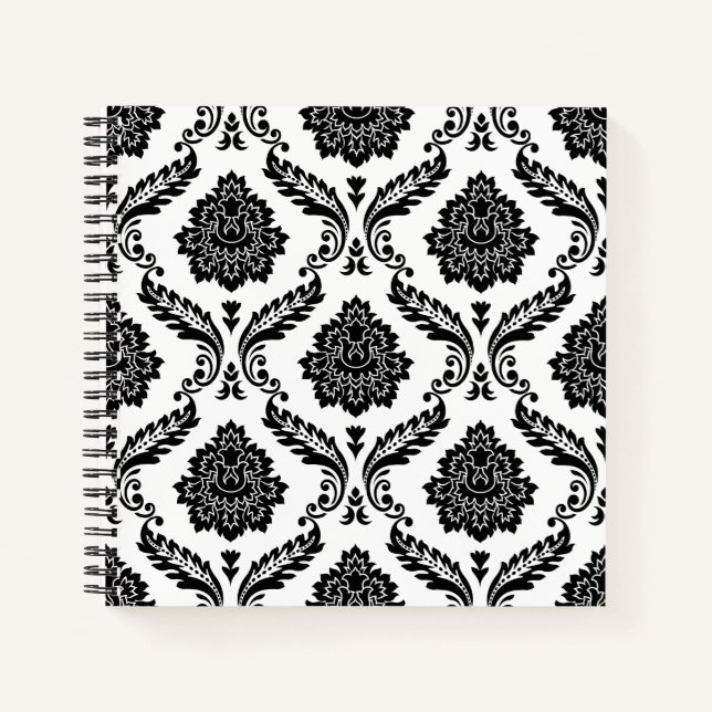 Rococo-Damask-Muster Schwarz auf Weiß Notizbuch (Vorderseite)
