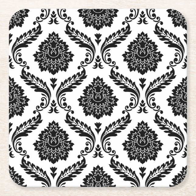 Rococo-Damask-Muster Schwarz auf Weiß Rechteckiger Pappuntersetzer (Vorderseite)