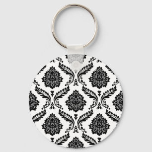 Rococo-Damask-Muster Schwarz auf Weiß Schlüsselanhänger