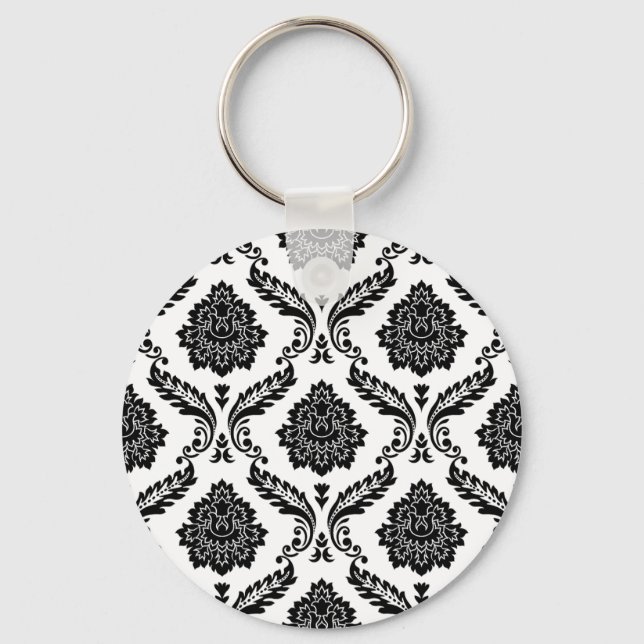 Rococo-Damask-Muster Schwarz auf Weiß Schlüsselanhänger (Vorderseite)