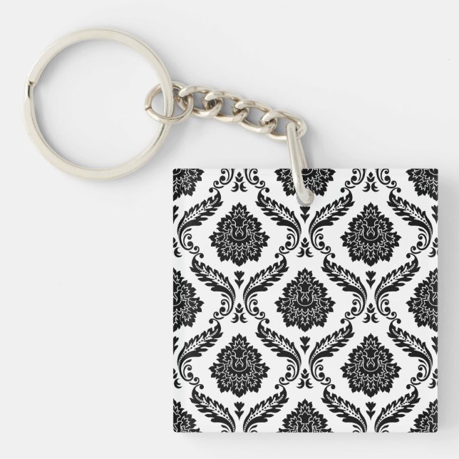 Rococo-Damask-Muster Schwarz auf Weiß Schlüsselanhänger (Vorderseite)