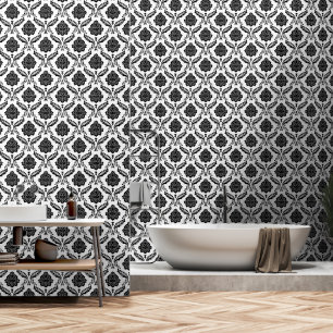 Rococo-Damask-Muster Schwarz auf Weiß Tapete