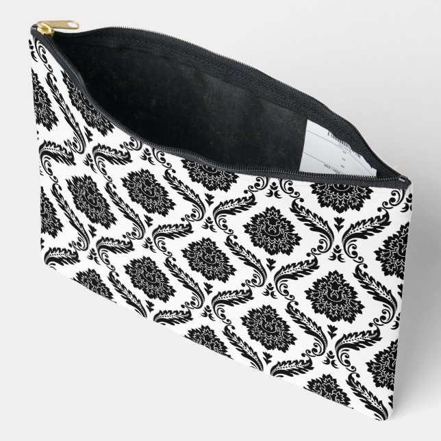Rococo-Damask-Muster Schwarz auf Weiß Zubehörtasche (Offen)