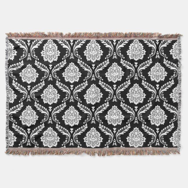 Rococo-Damask-Muster Weiß auf Schwarz Decke (Vorderseite)