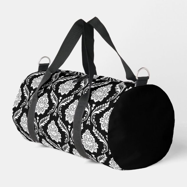 Rococo-Damask-Muster Weiß auf Schwarz Duffle Bag (Linke Seite)