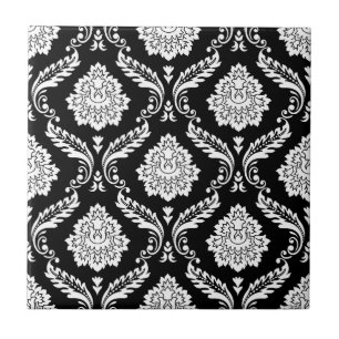 Rococo-Damask-Muster Weiß auf Schwarz Fliese