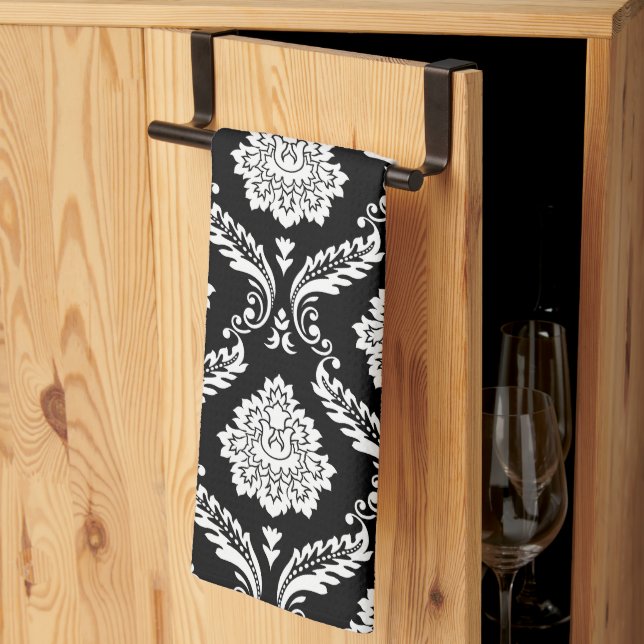 Rococo-Damask-Muster Weiß auf Schwarz Geschirrtuch (Drittel gefaltet)