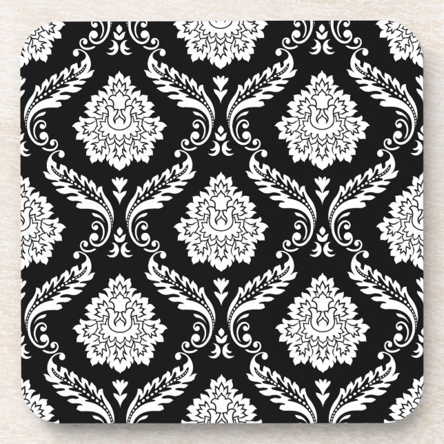 Rococo-Damask-Muster Weiß auf Schwarz Getränkeuntersetzer (Vorderseite)