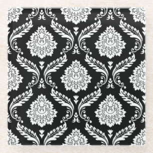 Rococo-Damask-Muster Weiß auf Schwarz Glasuntersetzer