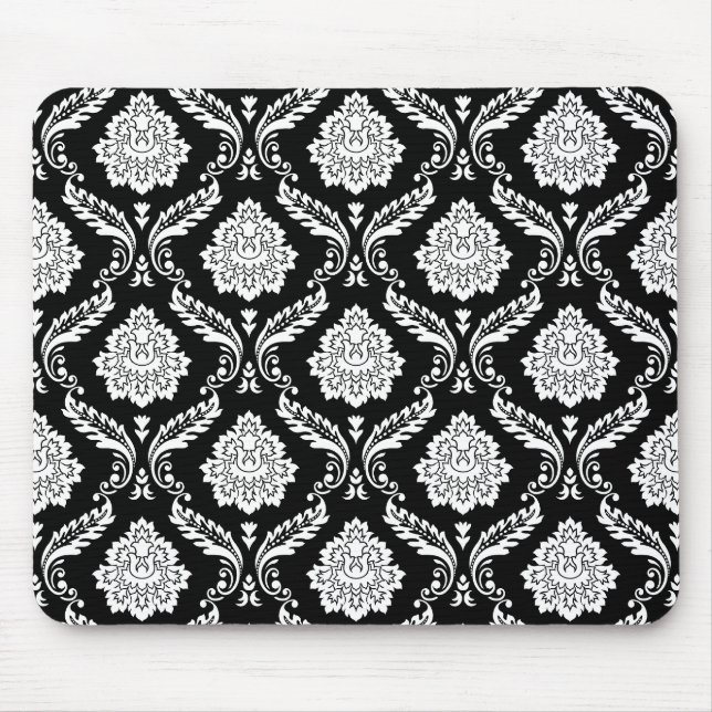 Rococo-Damask-Muster Weiß auf Schwarz Mousepad (Vorne)