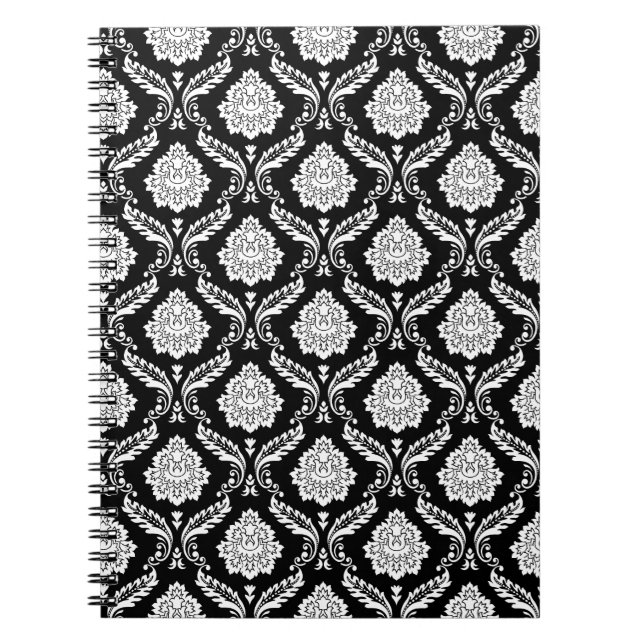 Rococo-Damask-Muster Weiß auf Schwarz  Notizblock (Vorderseite)