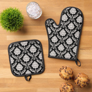 Rococo-Damask-Muster Weiß auf Schwarz Ofenhandschuh & Topflappen-Set