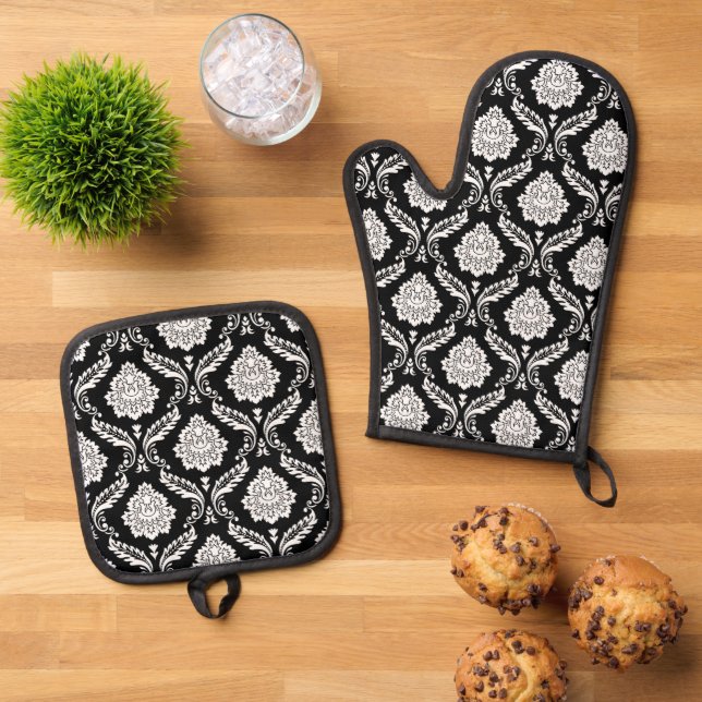 Rococo-Damask-Muster Weiß auf Schwarz Ofenhandschuh & Topflappen-Set (Oben Unten)