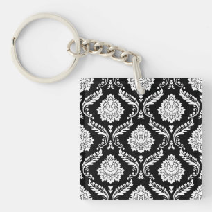 Rococo-Damask-Muster Weiß auf Schwarz Schlüsselanhänger