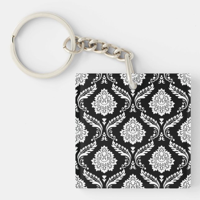 Rococo-Damask-Muster Weiß auf Schwarz Schlüsselanhänger (Vorderseite)