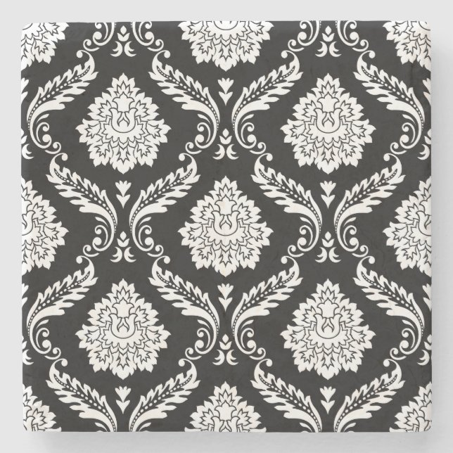Rococo-Damask-Muster Weiß auf Schwarz Steinuntersetzer (Vorderseite)